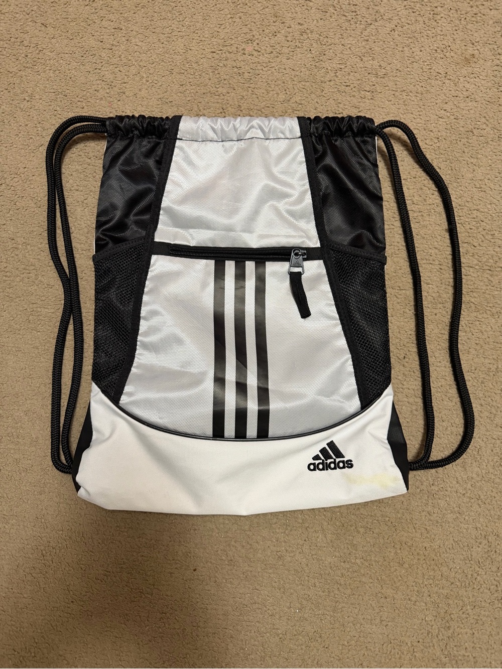 adidas White and Black Drawstring Backpack with Three Stripes